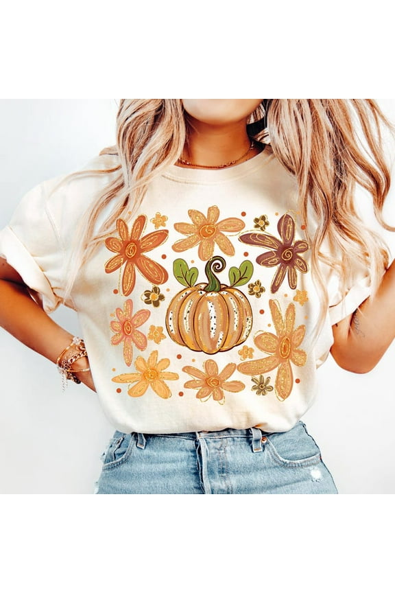 Preppy Fall Pumpkin T-Shirt, Boho Floral Autumn Shirt, Girly Coquette Fall Tee, Pumpkin Season Fall Vibes T-Shirt