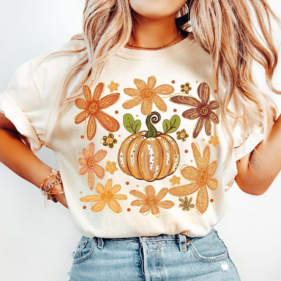 Preppy Fall Pumpkin T-Shirt, Boho Floral Autumn Shirt, Girly Coquette Fall Tee, Pumpkin Season Fall Vibes T-Shirt