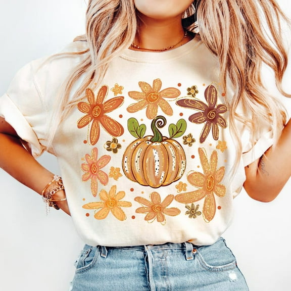 Preppy Fall Pumpkin T-Shirt, Boho Floral Autumn Shirt, Girly Coquette Fall Tee, Pumpkin Season Fall Vibes T-Shirt