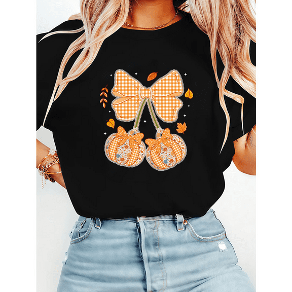 Preppy Floral Fall Cherries Lace Pumpkin Print T-shirts Coquette Autumn Ditsy Graphic Tees Short Sleeve Casual Flower Tops Cotton Shirts Black,4XL