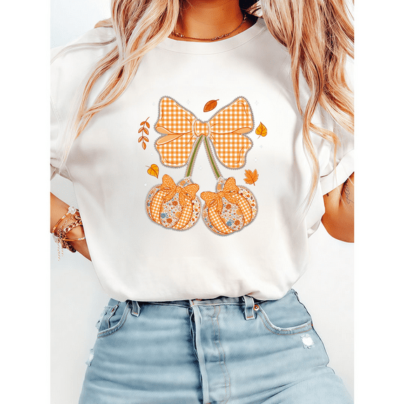 Preppy Floral Fall Cherries Lace Pumpkin Print s Coquette Autumn Ditsy Graphic s Short Sleeve Casual Flower Tops Cotton Shirts popular round-neck retro White,3XL