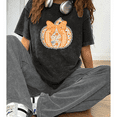 thumbnail image 1 of Preppy Floral Fall Lace Pumpkin Print T-shirts Women's Coquette Autumn Ditsy Graphic Tees Short Sleeve Casual Acid Washed Tops for Daily Outfits Black,S, 1 of 5