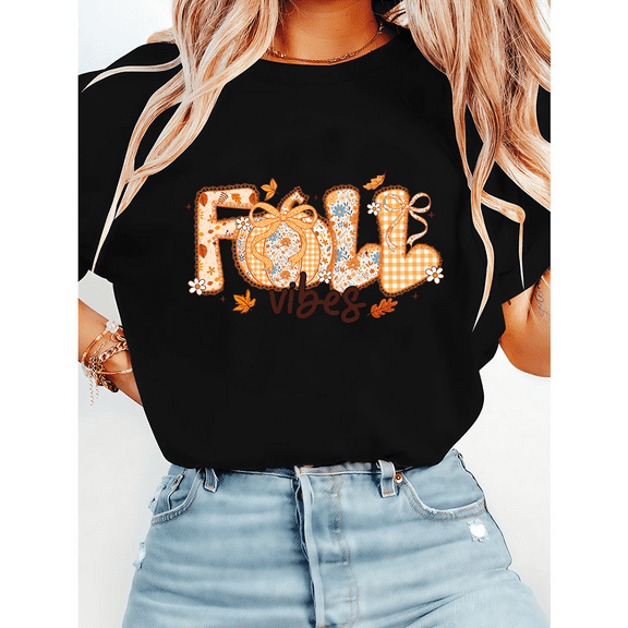 Preppy Floral Lace Pumpkin Print T-shirts Coquette Fall Graphic Tees Short Sleeve Casual Tops for Daily Outfits Cotton Shirts Thanksgiving Gift Black,2XL