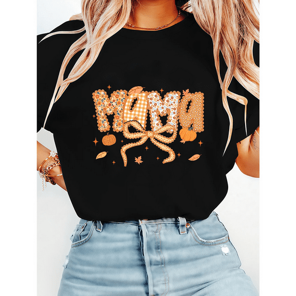 Preppy Floral Mama Print T-shirts Coquette Fall Pumpkin Graphic Tees Short Sleeve Casual Tops Cotton Shirts for Daily Outfits Thanksgiving Gift Black,M