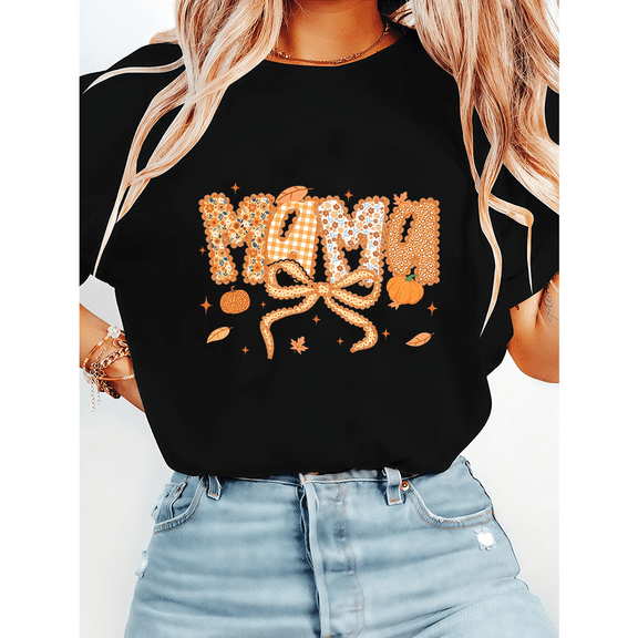 Preppy Floral Mama Print T-shirts Coquette Fall Pumpkin Graphic Tees Short Sleeve Casual Tops Cotton Shirts for Daily Outfits Thanksgiving Gift Black,XL