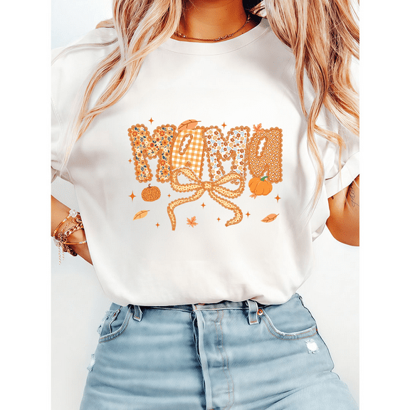 Preppy Floral Mama Print T-shirts Coquette Fall Pumpkin Graphic Tees Short Sleeve Casual Tops Cotton Shirts for Daily Outfits Thanksgiving Gift White,M
