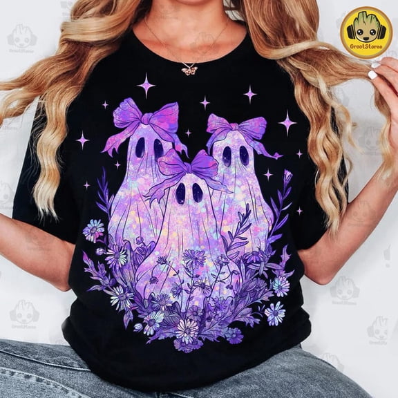Preppy Floral Spooky Shirt, Iridescent Ghost Shirt, Coquette Halloween, Preppy Halloween Shirt, Girly Halloween Shirt, Cute Ghost Shirt, Pumpkin Shirt