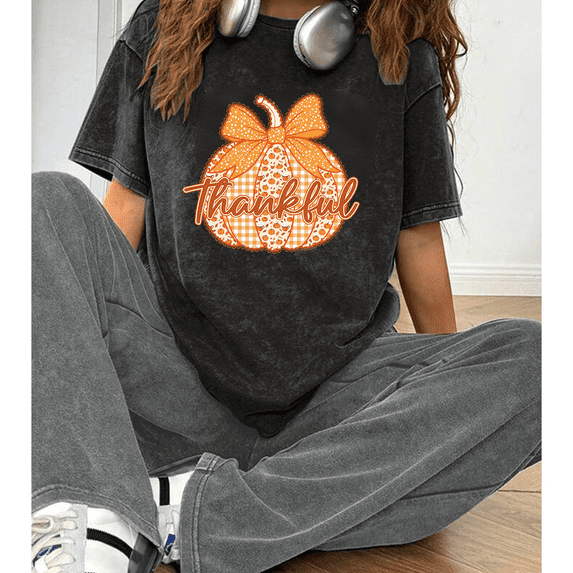 Preppy Floral Thankful Print T-shirts Fall Coquette Lace Pumpkin Graphic Tees Short Sleeve Ditsy Casual Acid Washed Tops Cotton Shirts Black,S