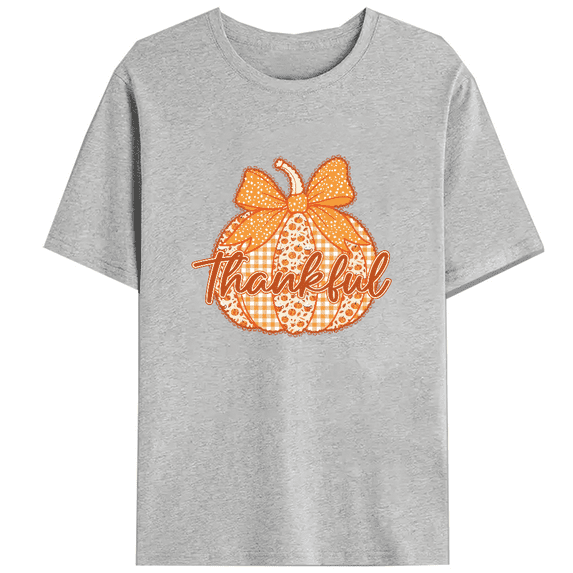 Preppy Floral Thankful Print T-shirts Fall Coquette Lace Pumpkin Graphic Tees Short Sleeve Ditsy Casual Tops Cotton Shirts for Daily Outfits Gray,XL