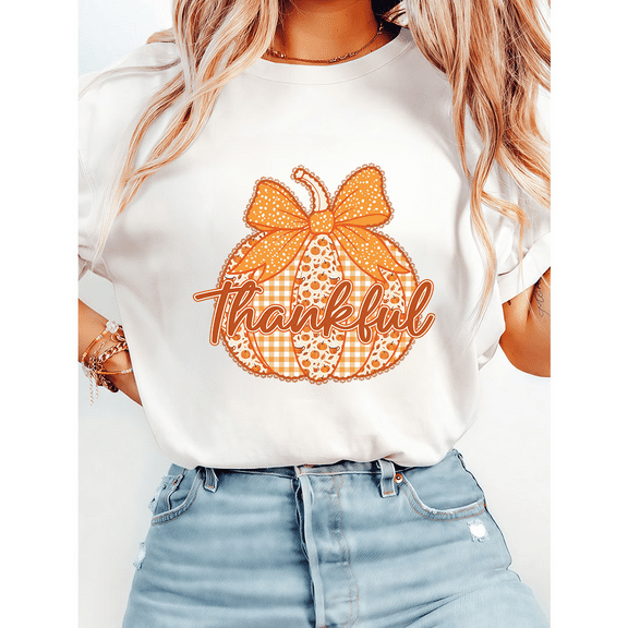 Preppy Floral Thankful Print s Fall Coquette Lace Pumpkin Graphic s Short Sleeve Ditsy Casual Tops Cotton Shirts for Daily Outfits popular round-neck retro White,L