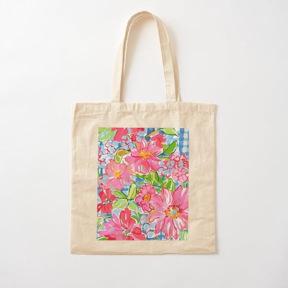 Preppy Gingham And Wild Flowers Cotton Tote Bag Canvas Tote Bag, Family Gift For Mother, Her