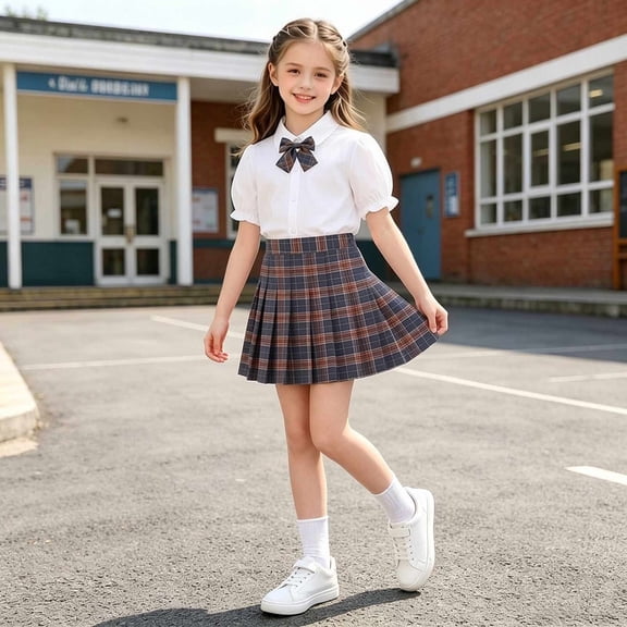 Preppy Girls 2 Piece Skirt Set Short Puff Sleeve Button Down Top With Bowknot And Plaid Pleated Skirt Outfit Cute School Clothes Casual Summer Suit