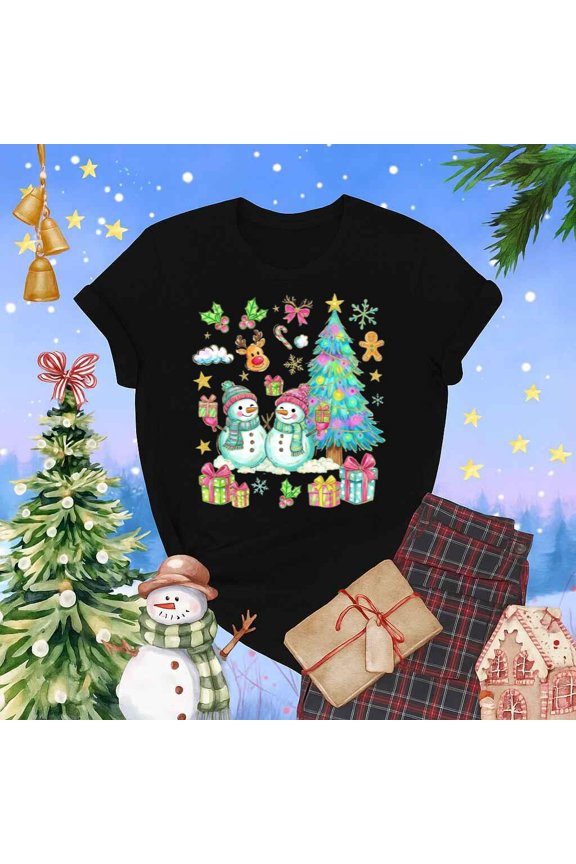 Preppy Glitter Snowman Retro Unisex T Shirt Tree Family Holiday Gift Tee up to 5XL