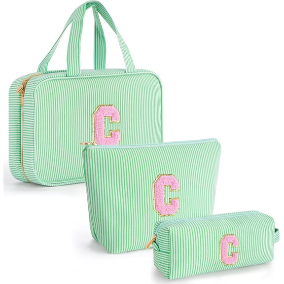 Preppy Green Travel Cosmetic Bag with Zipper, Expandable Design, and Built-in Card Holders