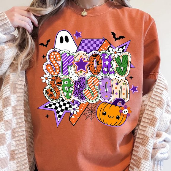 Preppy Halloween Shirt, Retro Spooky Season Tee with Fall Vibes, Trendy Halloween Shirt Design for October, Cute Preppy Autumn Graphic Tee