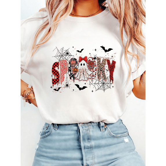 Preppy Halloween Spooky Print Tops Cute Ghost Leopard Graphic Tees Short Sleeve Casual Fall Graphic Tees Cotton Shirts White,M