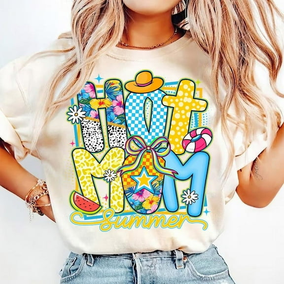 Preppy Hot Mom Summer T-Shirt, Mom Life Summer Shirt, Mother's Day Beach Tee, Girly Summer Vibes Shirt, Checkered Mom Graphic T-Shirt
