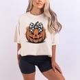 thumbnail image 1 of Preppy Jack o Lantern Shirt, Coquette Halloween T-Shirt, Women's Pumpkin Bow Tee, Trendy Retro Halloween Pumpkin Tshirt, 1 of 5