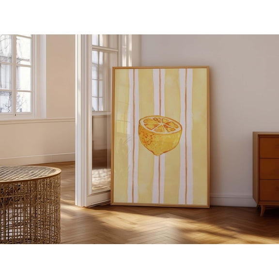Preppy Lemon Stripe Kitchen and Bar Cart Art Citrus Theme Dining Room Decor Unframed Paper Print