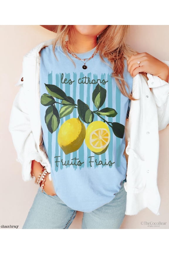 Preppy Lemon T-Shirt, Vintage Cottagecore French Lemon Tee, Citrus Summer Shirt, Cute Vacation Tee, Aesthetic Beach Outfit for Women