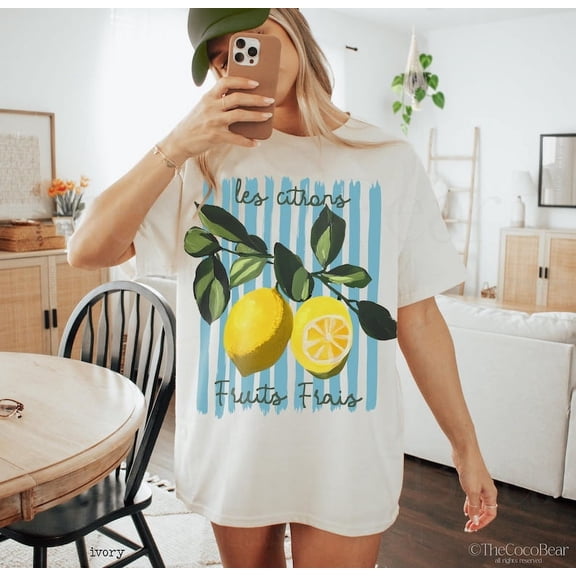 Preppy Lemon Tshirt Vintage Cottagecore French Shirt Cotton Lemon Citrus Tee Shirt Summer Tee Summer Vacation Shirt Beach Tee