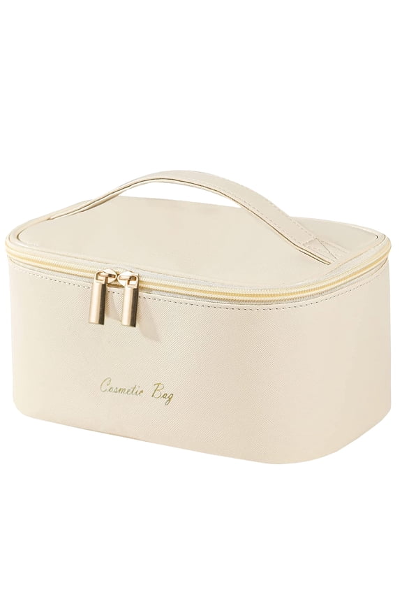 Preppy Makeup Bag Travel Cosmetic Bags Small for Women Girls Zipper Pouch Case Organizer Waterproof Cute (Beige)