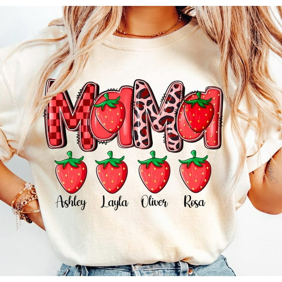 Preppy Mama Strawberry Shirt, Custom Mama Shirt with Kids' Names, Cute Strawberry Mama Tee, Checkered Sublimation Design Shirt