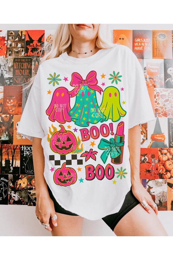 Preppy Neon Ghost Halloween T-Shirt, Cute Boo Ghost & Pumpkin Tee, Girly Spooky Season Shirt, Funny Halloween Aesthetic Graphic Top