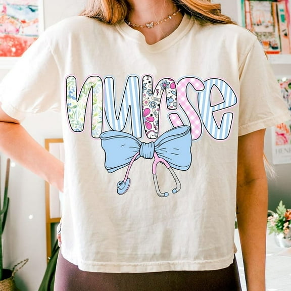 Preppy Nurse Floral Coquette T-Shirt, Nurse Blue Floral Shirt, Everyday Tee, Stethoscope Bow Shirt, Custom Preppy Nurse Design Tee, Checkered Nurse Shirt