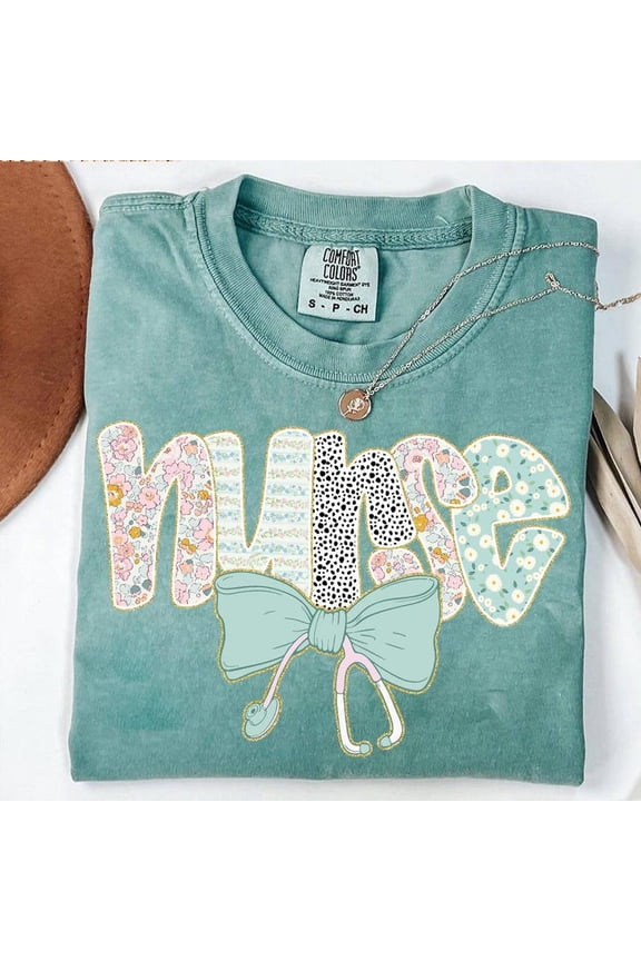 Preppy Nurse Floral Coquette T-shirt, Nurse Boho Floral T-shirt, Everyday T-shirt, Stethoscope Bow, Custom Preppy Nurse T-shirt, Checkered T-shirt.