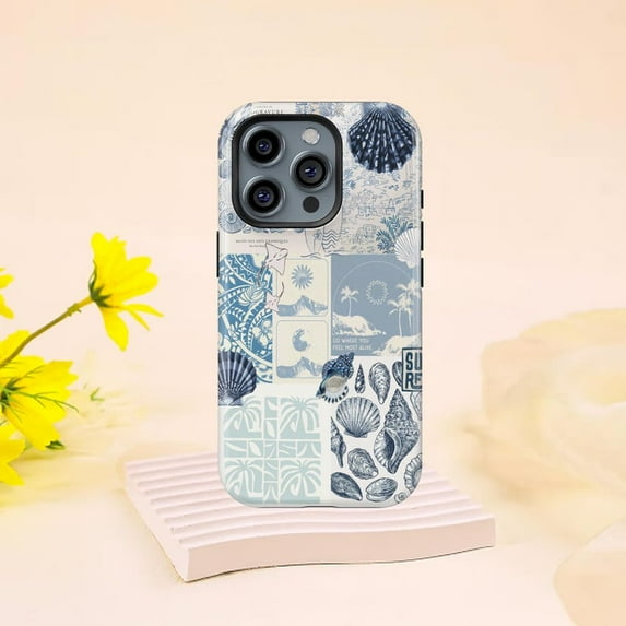 Preppy Ocean Shell Collage Aesthetics Phone Case coastal blue tones for iPhone 17 16 15 14 13 12 11 Pro Max