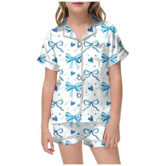Preppy Pajamas 2-3 Years Button Top Short Sleeve Pjs Silk Tops and Shorts Comfy Home Bow Pajamas Set Sleepwear for Kids And Girls Sky Blue
