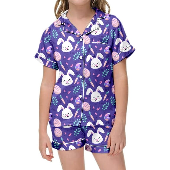 Preppy Pajamas Kids Silk and Stain Easter Easter Bunny Print and Egg Print Wearing Breathable Top and Bottom Short Sleeve Cartoon Printed 2 Piece Loungewear Set # 4-5 Years