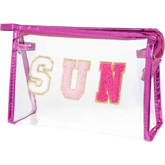 Preppy Patch Makeup Bag, Sun Chenille Letter Bag for Beach, Pouch with Zipper, Travel Bags Clear Toiletry Bag for Women Girls Teens (Rose Red)