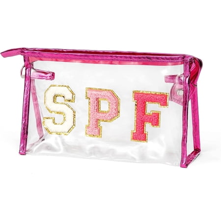 Belanttega Preppy Patch SPF Varsity Letter Cosmetic Bag - Rose Red Transparent PVC Toiletry Pouch Travel Makeup & Daily Use Clutch for Women