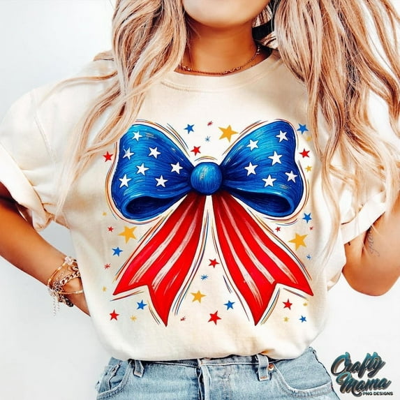 Preppy Patriotic Bow T-Shirt, 4th of July Coquette Bow Shirt, Patriotic USA Shirt, American Flag Bow Shirt, Sublimation Design