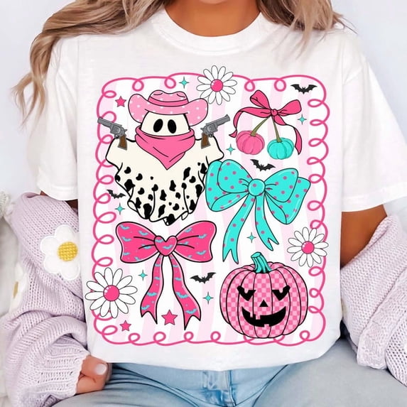 Preppy Pink Cowboy Ghost Shirt, Coquette Western Halloween Shirt, Girly Pink Pumpkin Bow Shirt Floral Spooky Season Shirt Howdy Cowgirl Shirt