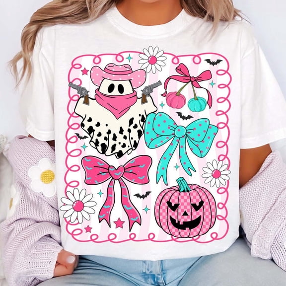 Preppy Pink Cowboy Ghost Shirt, Coquette Western Halloween Shirt, Girly Pink Pumpkin Bow Shirt Floral Spooky Season Shirt Howdy Cowgirl Shirt