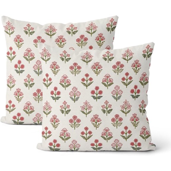 Preppy Pink Green Pillow Covers 18x18 Inch 2 Pcs Block Print Vintage Floral Decor Throw Pillows Boho Flower Spring Summer Outdoor Seasonal Decoration Pillowcase Linen Cushion Cover for Couch