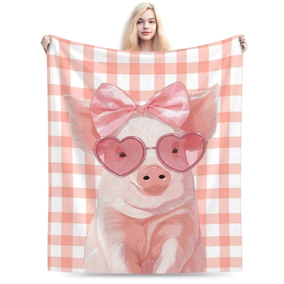 Preppy Pink Pig Throw Blanket, Bows & Gingham Artwork, Soft Flannel Fleece, Playful and Trendy Home Decor 50x40