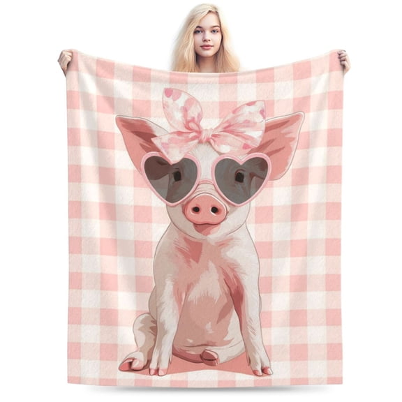 Preppy Pink Pig Throw Blanket, Bows & Gingham Artwork, Soft Flannel Fleece, Playful and Trendy Home Decor 50x40