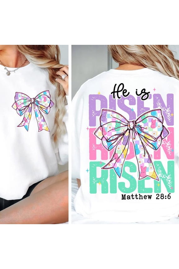 Preppy Retro He is Risen Easter Bow & Bunny Sweatshirt for Festive Spring Wear