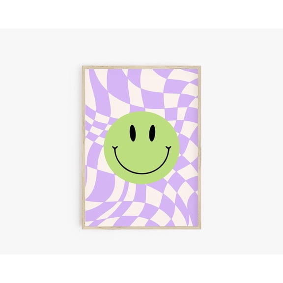 Preppy Room Wall Art Retro Smiley Face Checkerboard Happy Face Y2K Decor, Unframed Paper Poster 8x10in