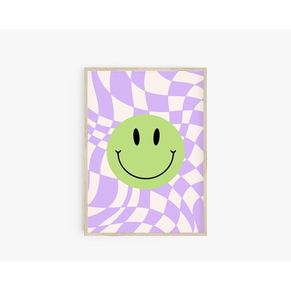 Preppy Room Wall Art Retro Smiley Face Checkerboard Happy Face Y2K Decor Unframed Paper Print
