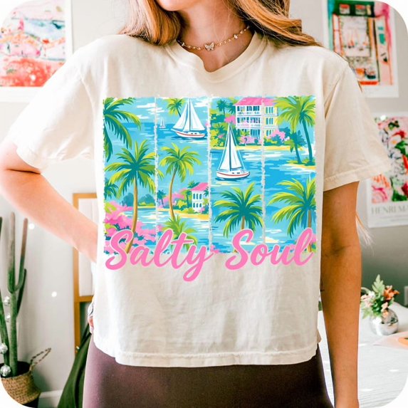 Preppy Salty Soul Summer T-Shirt, Hot Pink Beach Vibes Tee, Trendy Brushstroke Graphic Shirt, Aesthetic Funny Summer Shirt