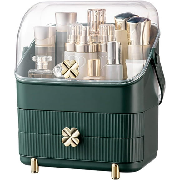 Preppy Skincare Organizers Makeup Organizer Holder Cosmetic Storage Box Display Case 3 Tiers Dust Free Cover Portable Handle 2 Rroomy Drawers Gift Great For Bathroom Countertop Dresser Dark Green
