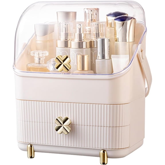 Preppy Skincare Organizers Makeup Organizer Holder Storage Box Display Case 3 Tiers Dust Free Cover Portable Handle 2 Rroomy Drawers For Bathroom Countertop Dresser White