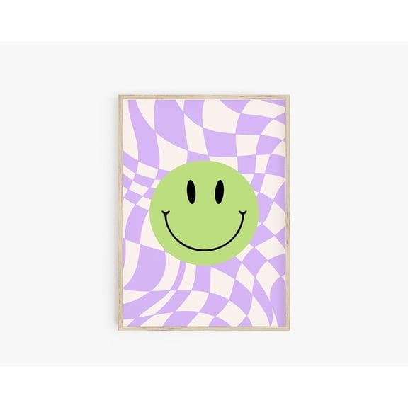 Preppy Smiley Face Poster, Checkerboard Lime Green Y2K Wall Art Print