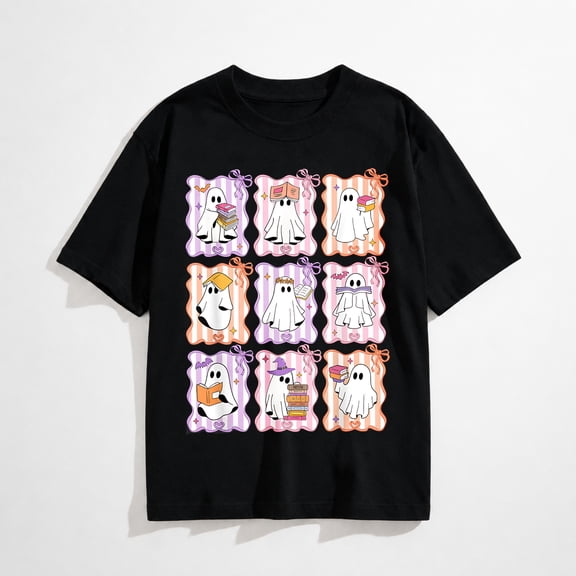 Preppy Spooky Ghost Reading Halloween Books Lover Teacher T-Shirt