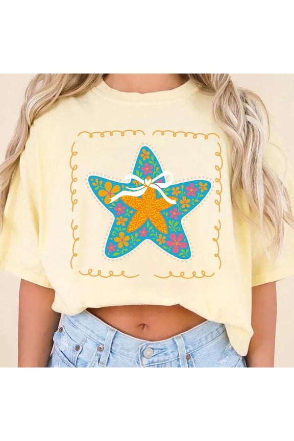 Preppy Starfish T-Shirt, Summer Vibes Shirt, Retro Floral Summer Tee, Ocean Beach Shirt, Girly Aesthetic Summer T-Shirt
